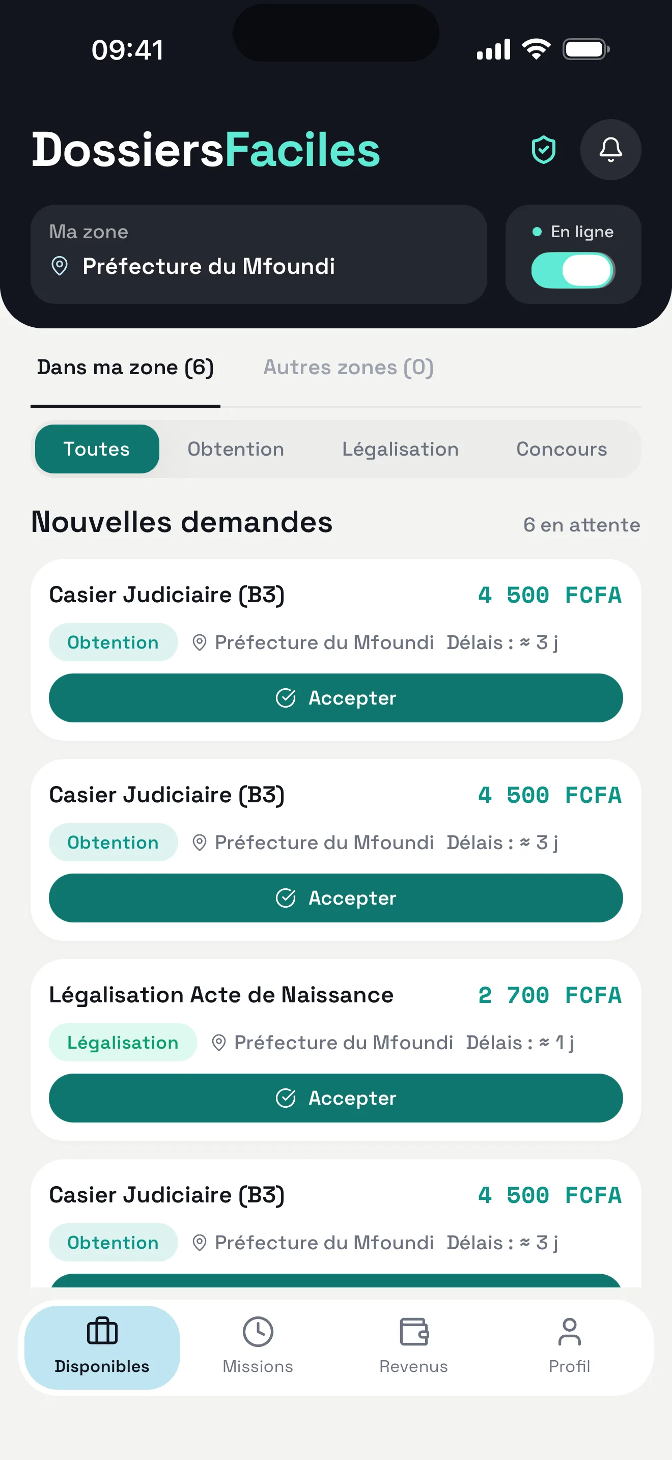 Missions disponibles côté facilitateur